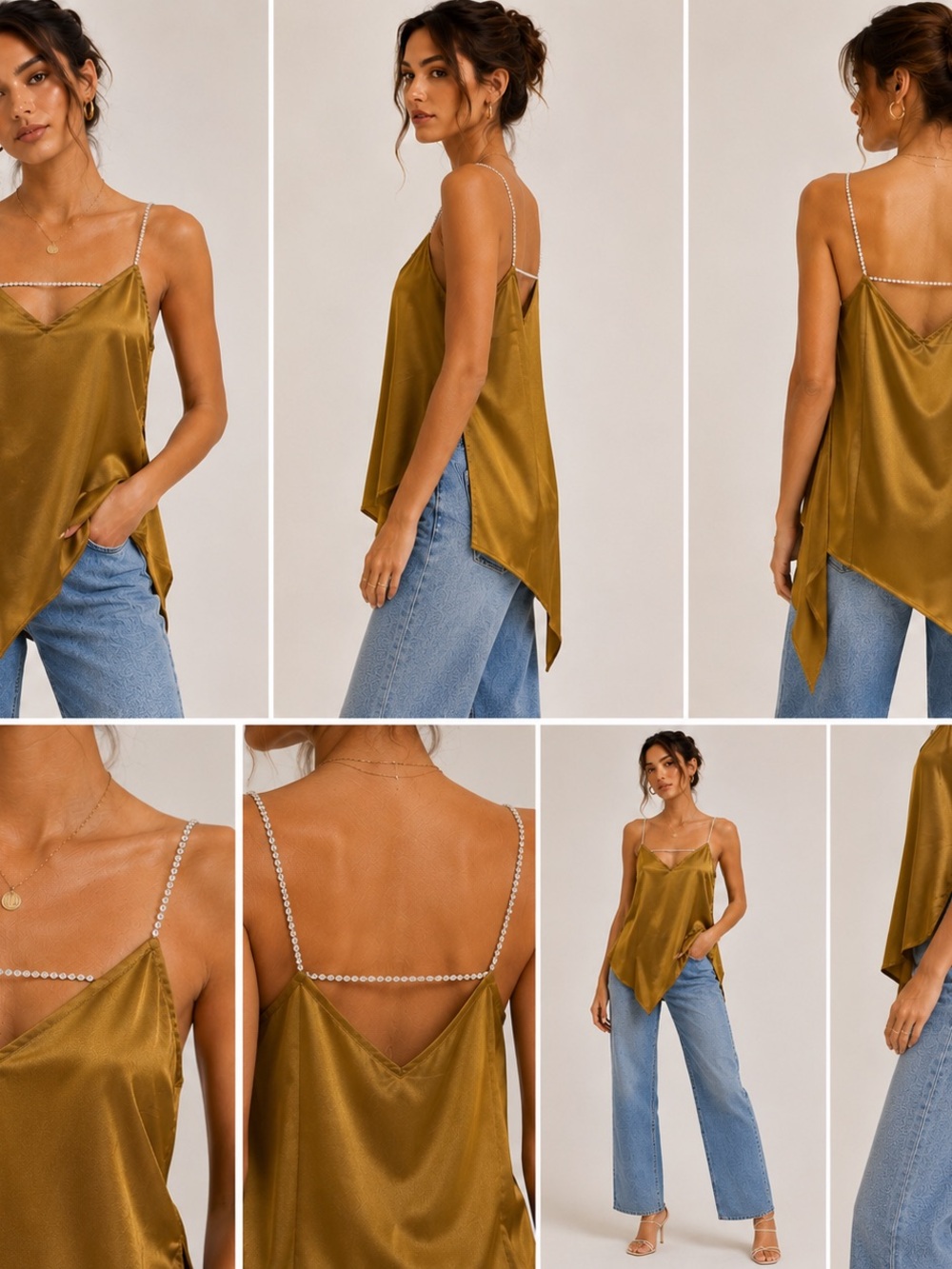 Zara Olive Satin Rhinestone -Trim Asymmetric Cami
